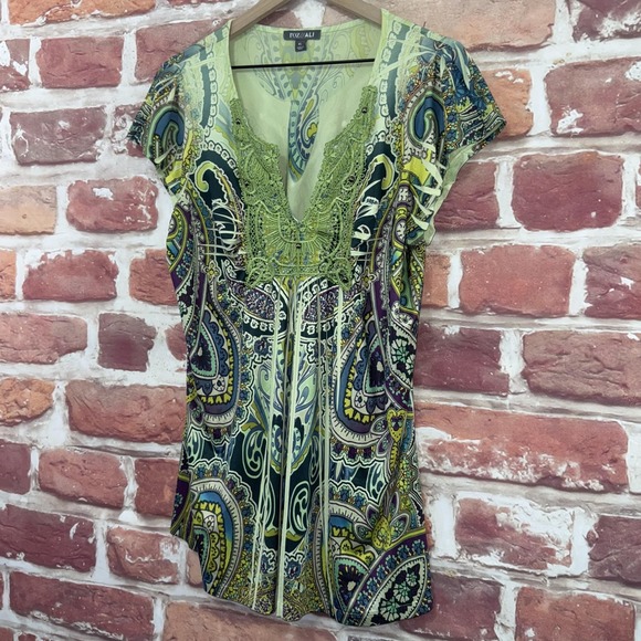 Roz & Ali Top Womens XL Green Multicolor Boho Floral Abstract Casual Tunic Shirt - Picture 3 of 8